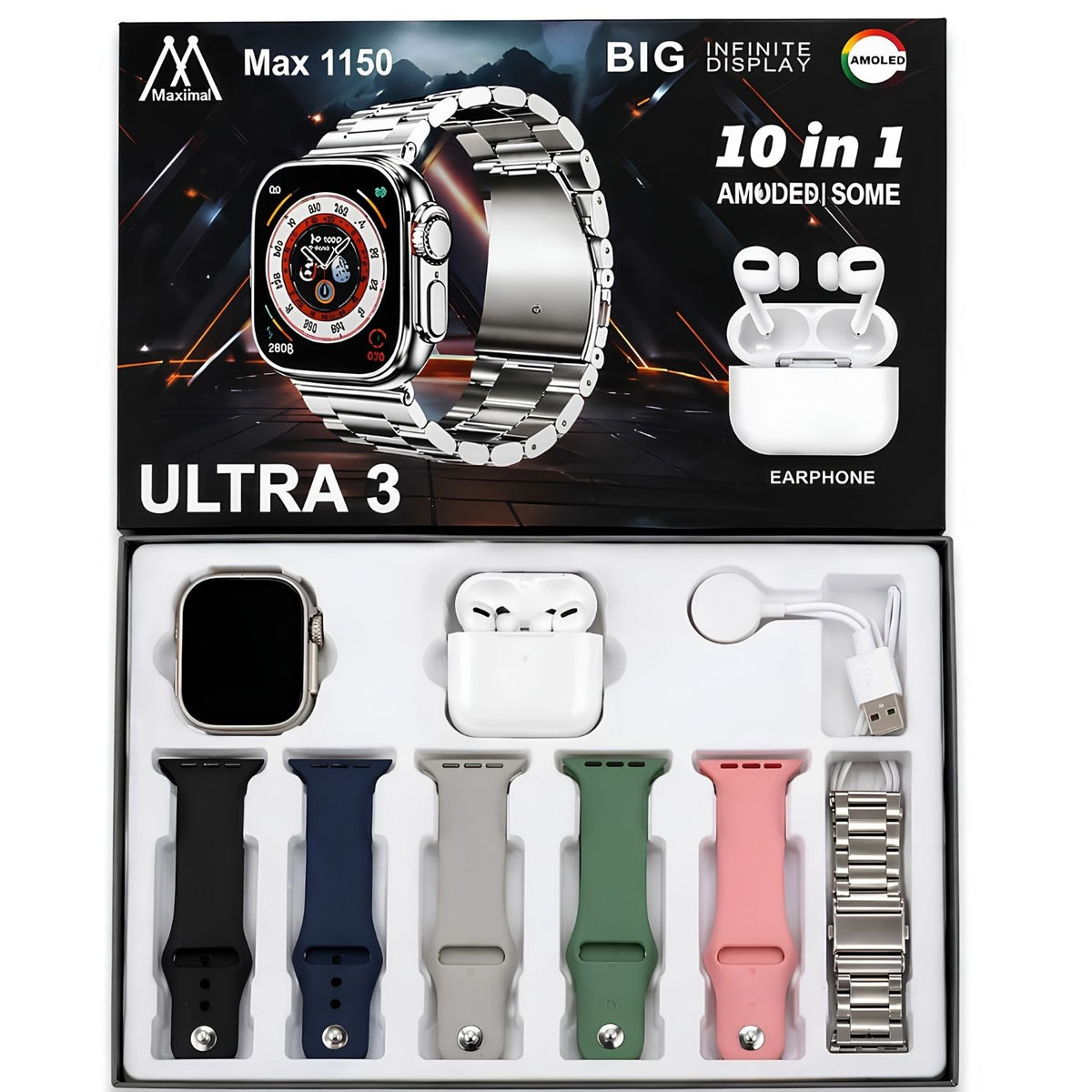Ultra 3 Smart Watch 10-in-1 Combo with Wireless Earbuds – Max 1150 Series
