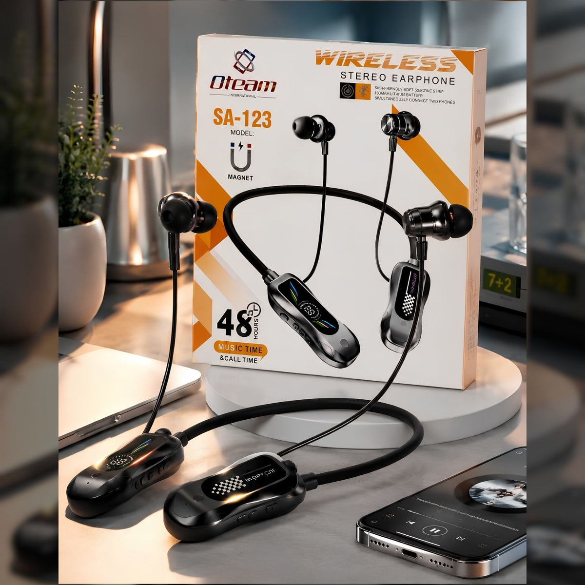 Oteam SA-123 Wireless Stereo Neckband Earphones – Bluetooth Magnetic Earbuds with 48 Hours Battery
