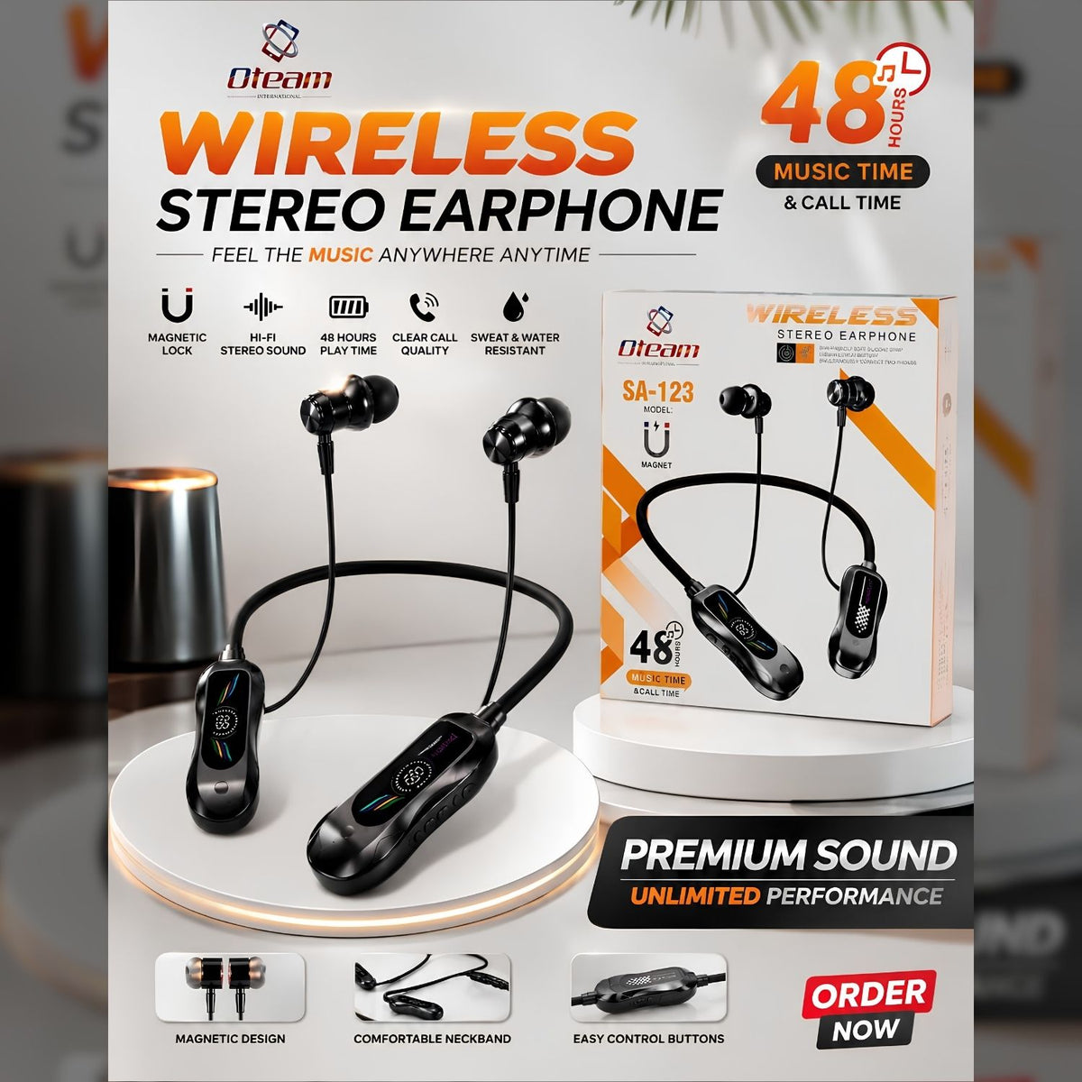 Oteam SA-123 Wireless Stereo Neckband Earphones – Bluetooth Magnetic Earbuds with 48 Hours Battery