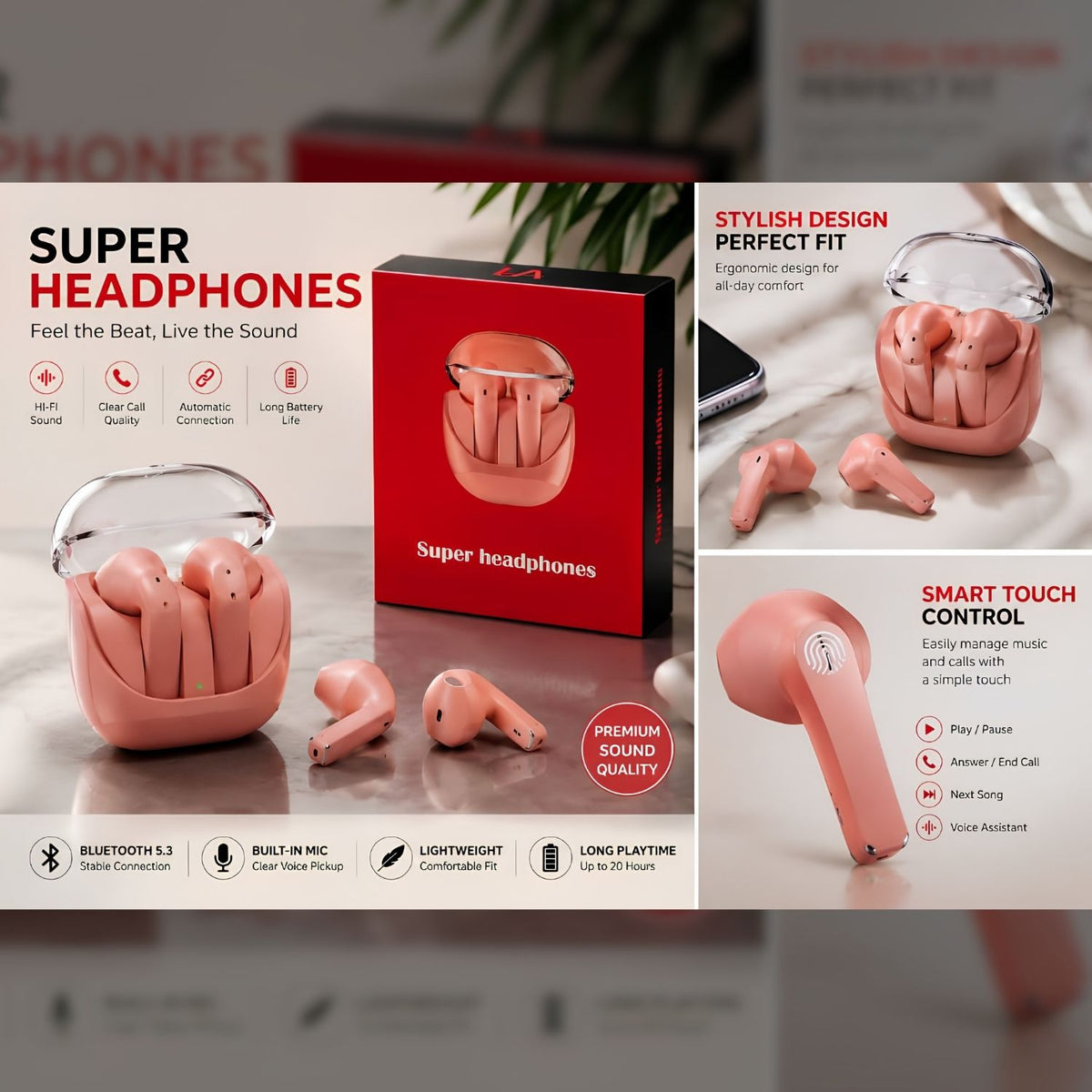 LA Super Wireless Bluetooth Earbuds – Hi-Fi Sound, Touch Control & Charging Case