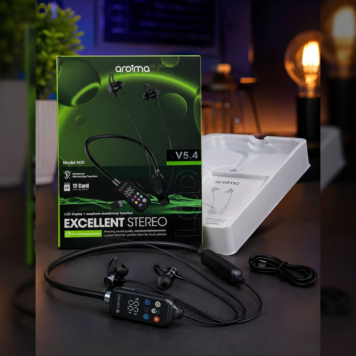 Aroima M31 Wireless Neckband Earphones – Bluetooth 5.4, LCD Display & Deep Bass