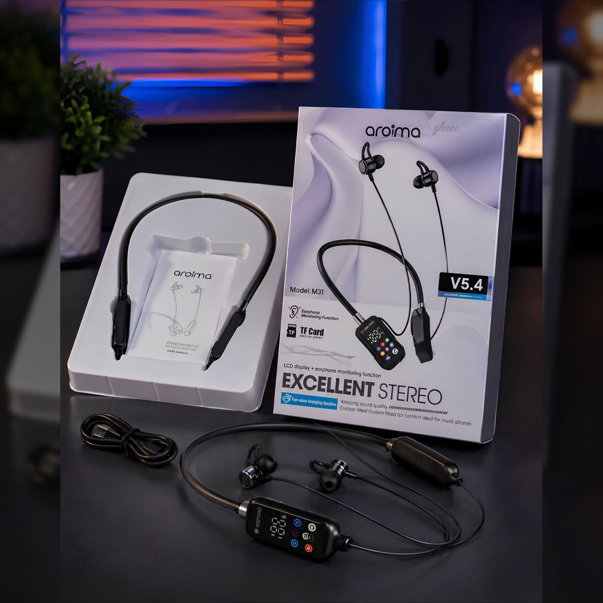 Aroima M31 Wireless Neckband Earphones – Bluetooth 5.4, LCD Display & Deep Bass