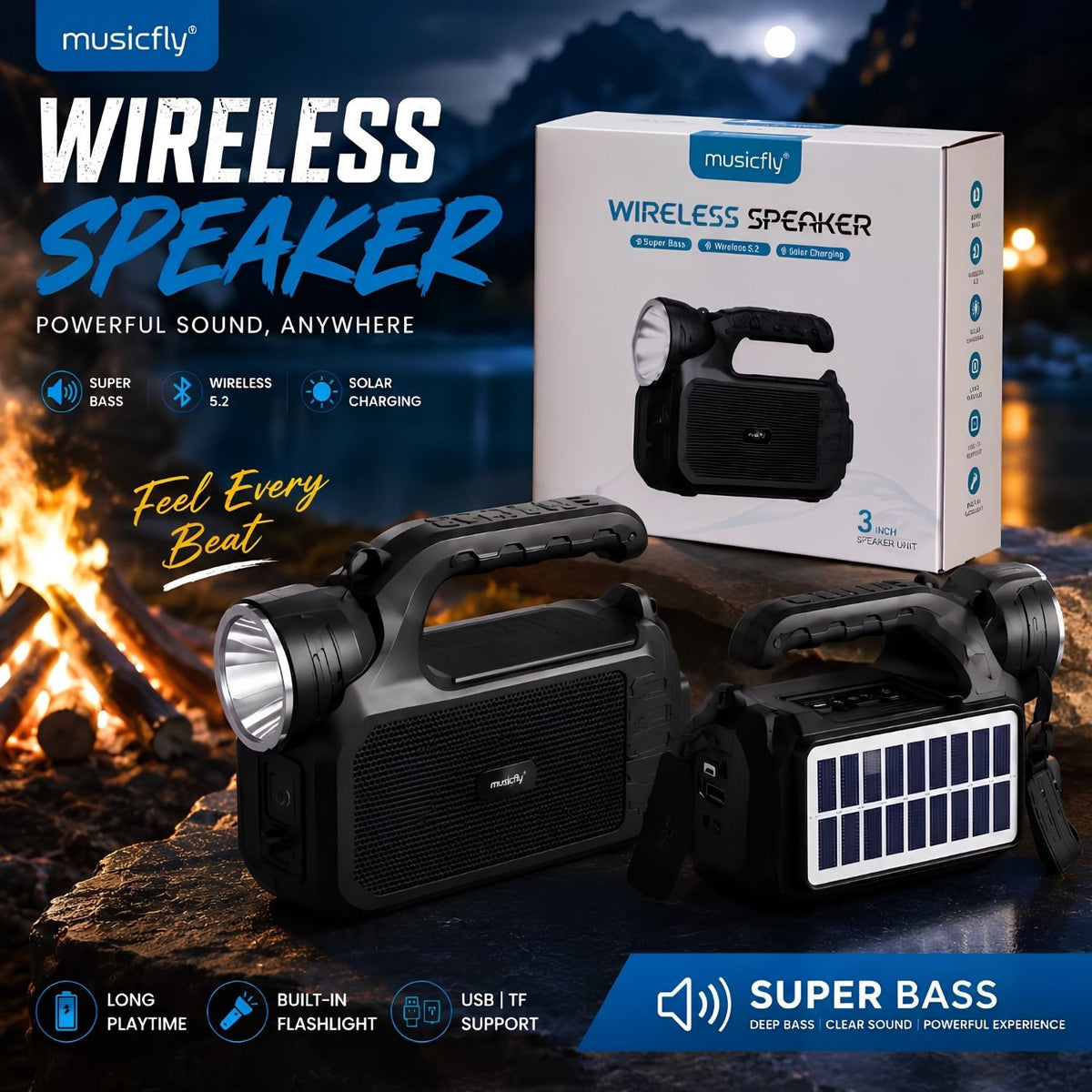 Portable Wireless Bluetooth Speaker with Flashlight & Solar Charging – Super Bass Outdoor Speaker