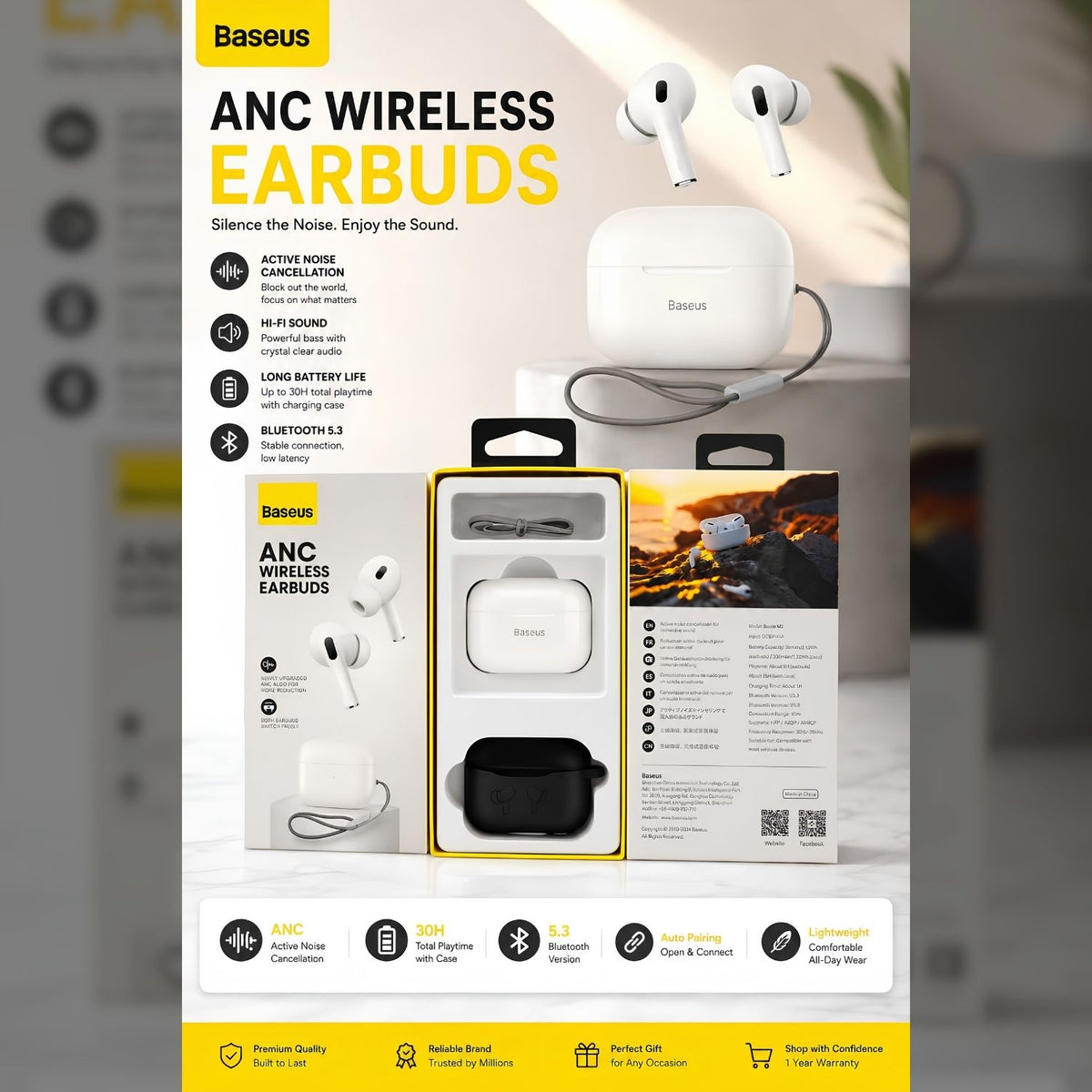 Baseus ANC Wireless Earbuds – Bluetooth 5.4 TWS with Noise Cancellation & Charging Case