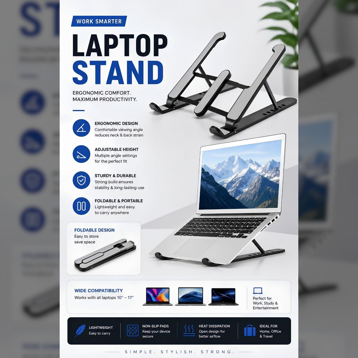 Adjustable Laptop Stand – Folding Portable Laptop Holder for Desk, Office & Travel