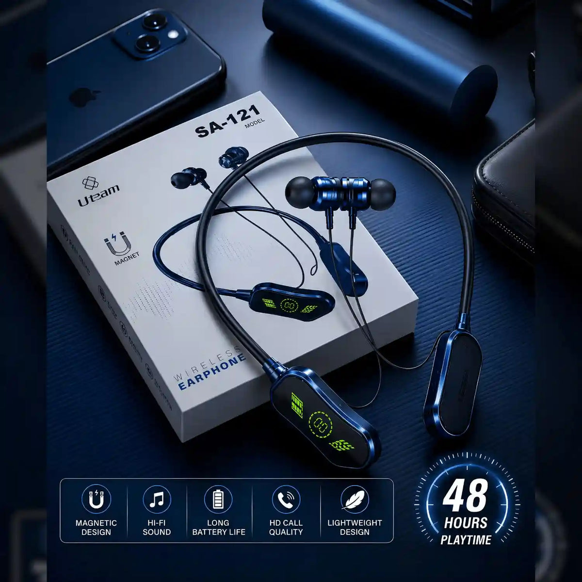 Uteam SA-121 Wireless Neckband Earphones – Bluetooth Magnetic Earbuds with 48 Hours Battery & Hi-Fi Sound